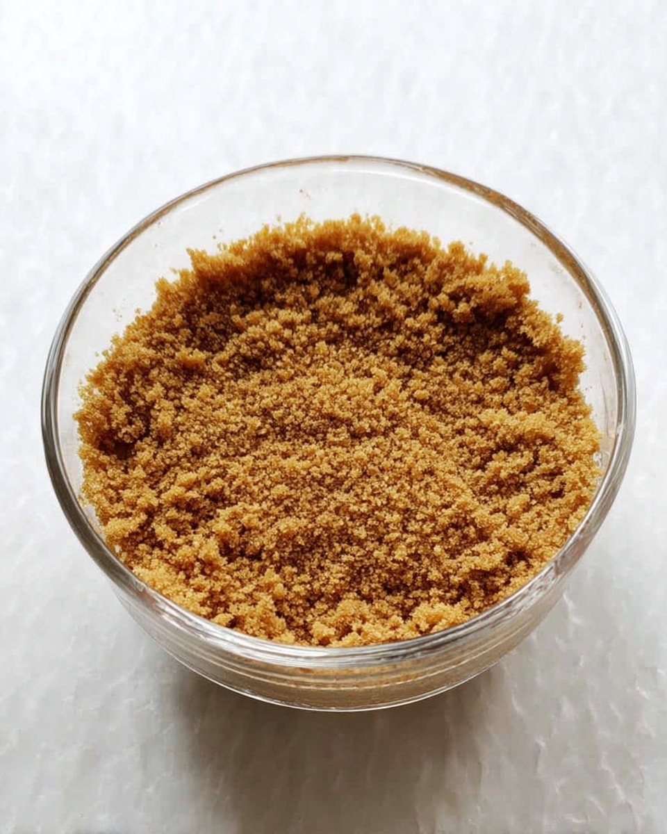 A clear glass dessert cup filled with one layer of smooth, crumbly textured brown graham cracker crumbs pressed evenly on the bottom and sides, forming a crust. The cup sits on a white marbled surface that contrasts with the golden brown color of the crumbs. The layer looks firm and compact with small uneven bits throughout. Photo taken with an iphone --ar 4:5 --v 7
