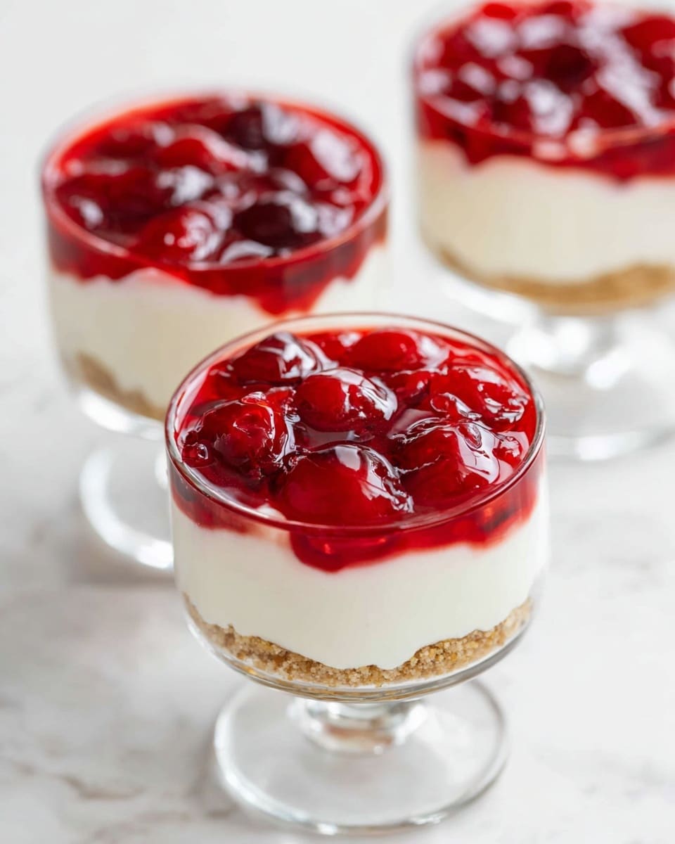 A clear glass dessert cup with three distinct layers is shown: the bottom layer is a crumbly light brown crust, the middle layer is smooth and creamy white filling, and the top layer is a shiny, bright red cherry topping with whole cherries visible. A spoon holds a scoop of the dessert, showing all the layers together with the crust at the bottom, creamy white filling in the middle, and glossy red cherries on top. The cup sits on a white marbled surface with a soft, light background. photo taken with an iphone --ar 4:5 --v 7