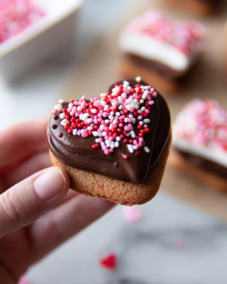The image shows a close-up of several s'mores with three layers each: a light brown, textured graham cracker on top and bottom, and a white marshmallow in the middle. Half of the top graham cracker is dipped in chocolate, which is dark brown and smooth, and covered in small heart-shaped sprinkles in red, pink, and white colors. The s'mores are stacked together on a surface with a white marbled texture. Photo taken with an iphone --ar 4:5 --v 7