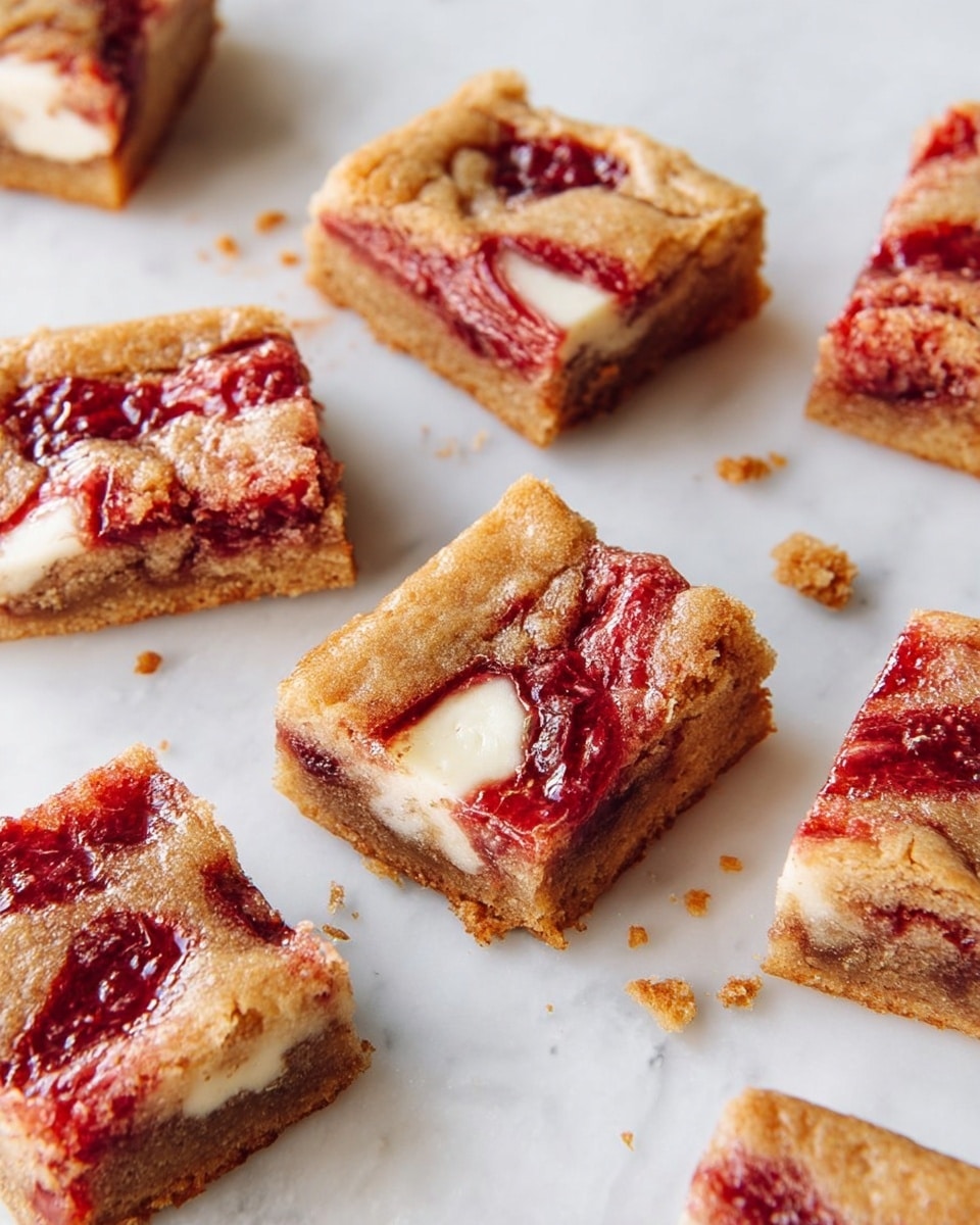 The image shows a stack of three chewy bars, each bar having two main layers. The bottom layer is a light brown, dense, and moist dough with small white chunks inside, and the top layer has a reddish fruit swirl spread unevenly on it, giving a textured look. The top bar has a golden-brown crust with the red swirl still visible. Around the stack, there are more bars blurred in the background, all sitting on a white marbled surface. photo taken with an iphone --ar 4:5 --v 7