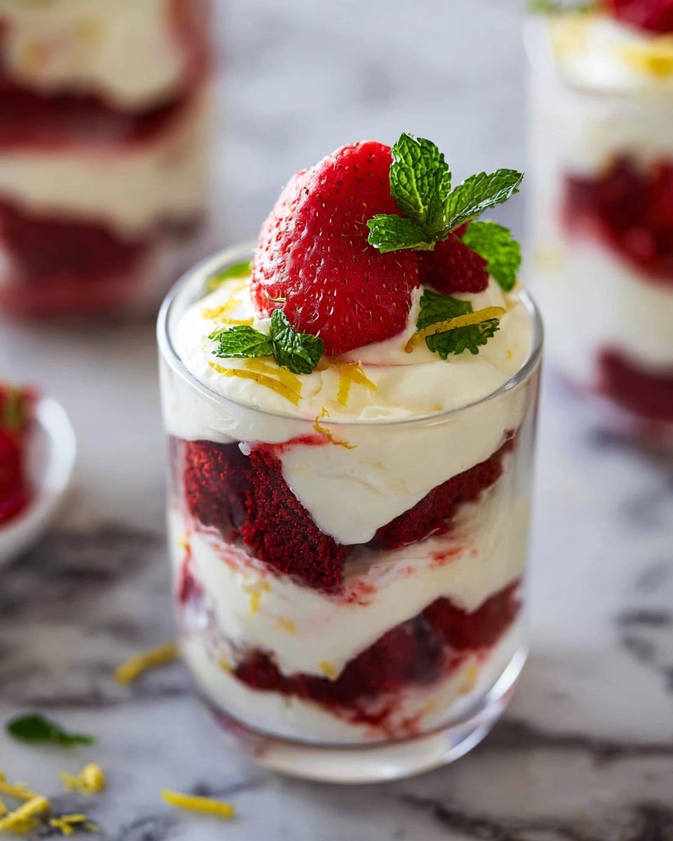 A clear glass cup shows a layered dessert with alternating layers of white cream and dark red cake pieces. The top layer of white cream is decorated with fresh red raspberries, a sliced red strawberry, bright green mint leaves, and thin strips of yellow lemon zest. The glass is placed on a white marbled surface with blurred hints of similar desserts in the background. photo taken with an iphone --ar 4:5 --v 7
