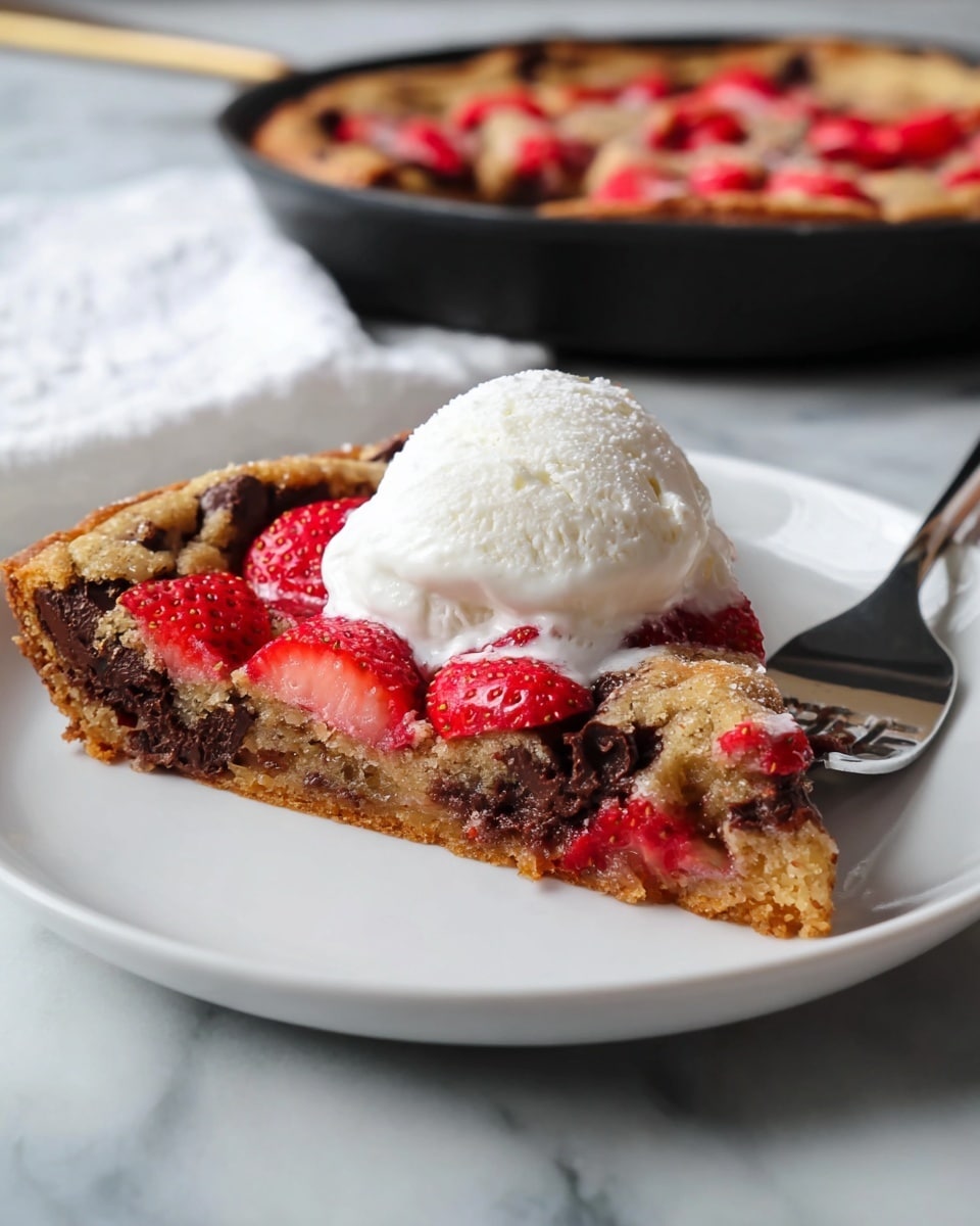 A round golden-baked cake with a slightly rough texture is in a black pan on a white marbled surface. The top layer is decorated with sliced red strawberries arranged in a circular pattern starting from the center, with chocolate chips scattered between the strawberries. The cake looks thick and soft with a golden-brown crust around the edges. A bright green oven mitt is placed beside the pan. Photo taken with an iphone --ar 4:5 --v 7