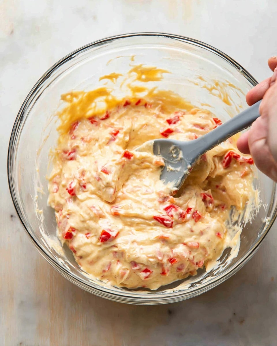 A clear glass bowl filled with a creamy, pale yellow mixture that has small, soft chunks of red peppers evenly mixed throughout. A gray spoon rests in the bowl, partially covered with the creamy mixture, showing the texture is smooth yet thick. The bowl is placed on a white marbled surface. A woman's hand holds the spoon, mixing the ingredients gently. photo taken with an iphone --ar 4:5 --v 7