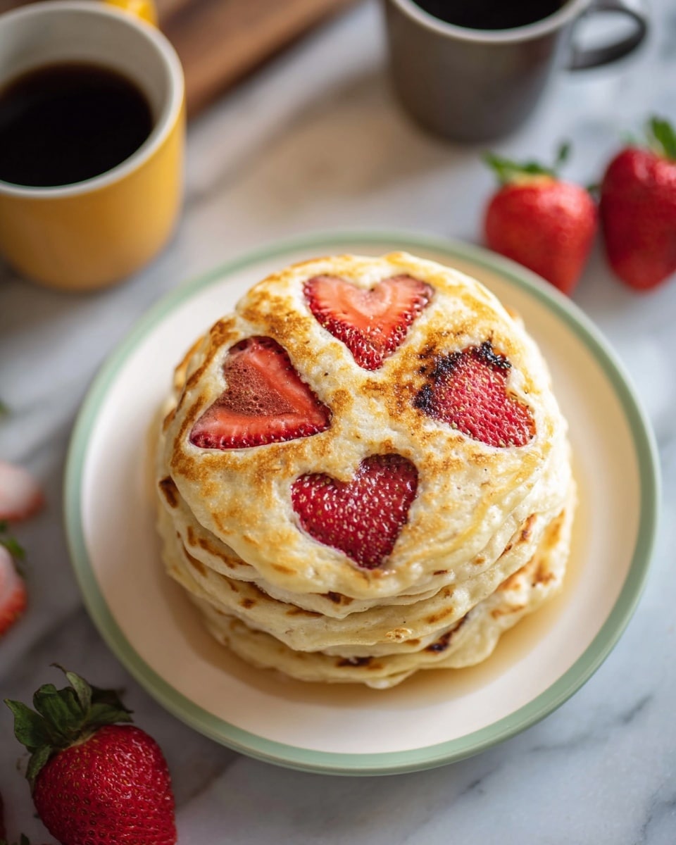 A stack of pancakes with four visible layers sits on a white plate with a light green rim. The top pancake is golden brown with four heart-shaped strawberry pieces embedded in it, showing a mix of deep red and pink textures. The pancakes beneath have a similar golden texture with slight browning edges. The plate rests on a white marbled surface with two whole strawberries behind it. Two cups of black coffee, one in a yellow cup and one in a gray cup, are placed in the blurred background. Photo taken with an iphone --ar 4:5 --v 7