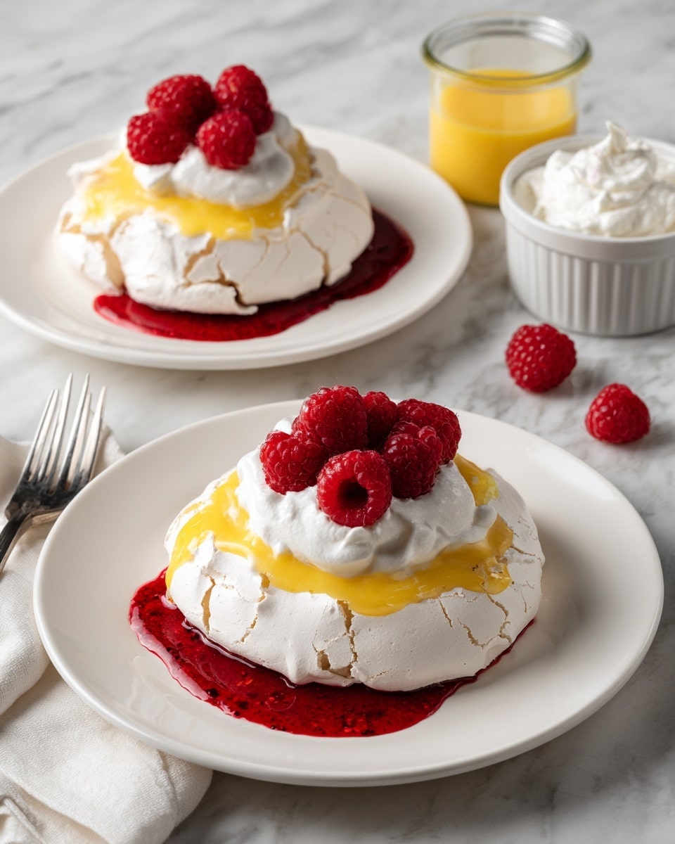The dish shows two white plates, each with a pavlova dessert. Each pavlova has one large round white meringue base with cracks and a soft texture. On top of the meringue is a layer of yellow lemon curd that slightly drips down the sides. Around the base of the meringue is a pool of smooth, vibrant red raspberry sauce. Above the lemon curd is a dollop of white whipped cream that looks soft and fluffy. On top of the whipped cream is a cluster of fresh red raspberries, arranged in a small pile. The plates rest on a white marbled surface. To the side, there is a small bowl of white whipped cream and a glass jar of yellow curd. Photo taken with an iphone --ar 4:5 --v 7
