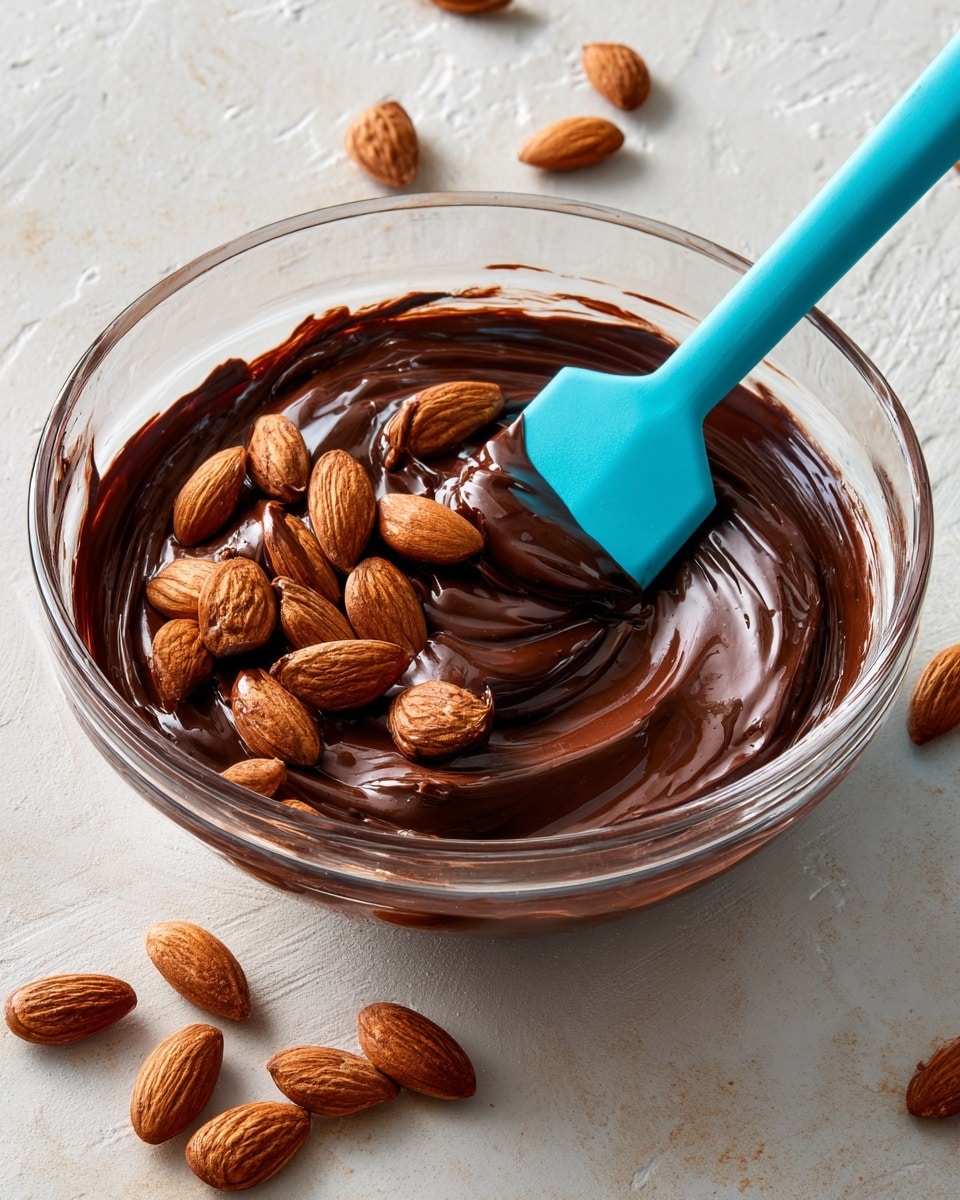 A clear glass bowl filled with smooth, shiny dark chocolate coating whole almonds mixed in, creating one thick layer of rich, glossy chocolate and scattered brown whole almonds. A bright blue silicone spatula is partially inside the bowl, lightly stirring the mixture. A few whole almonds lie outside the bowl on a white marbled surface, adding more detail to the scene. The lighting highlights the shiny texture of the chocolate, making it look smooth and creamy. photo taken with an iphone --ar 4:5 --v 7