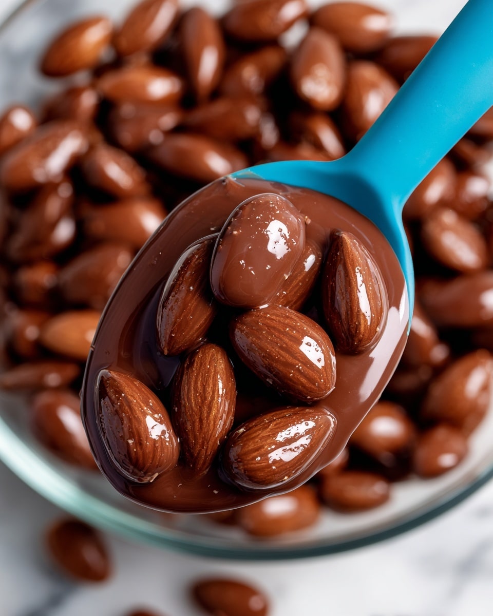 A close-up image shows a blue spatula covered in smooth, melted milk chocolate holding several shiny, almond-shaped nuts fully coated in the glossy chocolate, with more of the chocolate-coated nuts piled in the background inside a clear glass bowl. The rich brown chocolate appears glossy and smooth, enveloping the textured nuts tightly and evenly, while the background and bowl rest on a white marbled surface. photo taken with an iphone --ar 4:5 --v 7