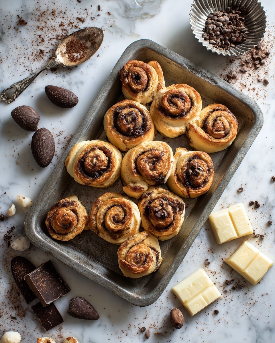 The image shows a metal tray filled with small cinnamon rolls that have a golden-brown crust and visible spiral layers of dough and cinnamon filling. On one side of the tray, there are several dark brown chocolate-coated almonds, and on the other side, there are pieces of white chocolate with darker speckles and a dark chocolate base. The tray rests on a white marbled surface with scattered cocoa powder and chocolate bits around it. A vintage silver spoon and a fluted pie pan are partially visible in the background. The photo taken with an iphone --ar 4:5 --v 7