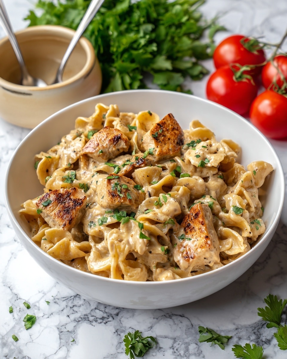 A white bowl is filled with creamy, light beige pasta covered in a thick sauce, showing visible specks of herbs throughout. Mixed in are several medium-sized pieces of grilled, light brown chicken strips with slight char marks, blending smoothly into the rich sauce. Small green herb leaves are scattered on top for a fresh touch. The bowl sits on a white marbled surface surrounded by fresh red tomatoes on the vine, green cilantro leaves, and a small beige pot with a spoon inside in the background. Photo taken with an iphone --ar 4:5 --v 7