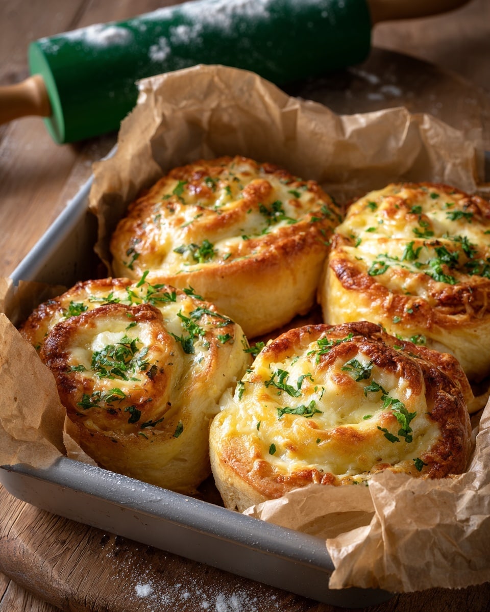 A close-up of a single round savory swirl bun placed at the center of a white plate with a decorative edge, lightly browned on top with a glossy finish and sprinkled with green herbs, showing layered spirals of dough and filling. The bun is held by a woman's hand, and in the background, a baking tray with parchment paper holds more of the same buns with the same texture and herb topping, all resting on a wooden surface with a rolling pin and some green containers visible. The setting highlights warm natural light and soft shadows. Photo taken with an iphone --ar 4:5 --v 7