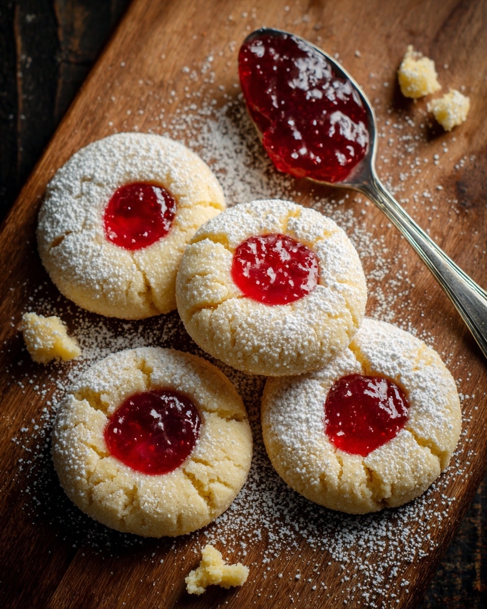 Four round cookies with a cracked light yellow surface dusted with white powdered sugar are set on a wooden board. Each cookie has a smooth, bright red jam pool sitting in the center. To the top right, a silver spoon holds thick red jam with some dripping slightly. Small bits of powdered sugar and jam stains are scattered around the board. photo taken with an iphone --ar 4:5 --v 7
