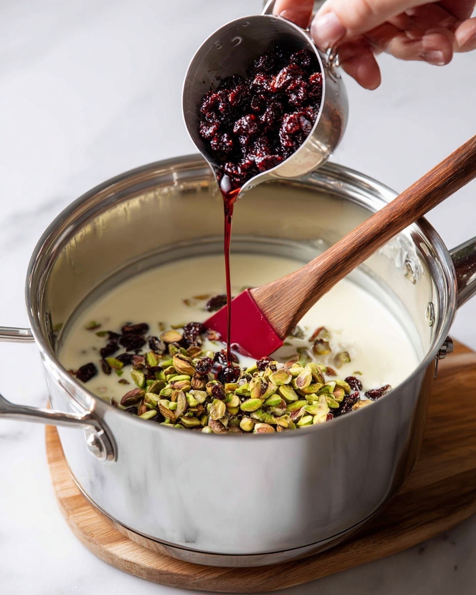 A shiny silver pot sits on a white marbled surface, containing a creamy white mixture at the bottom. On top of this creamy layer are scattered greenish-brown nuts. Above the pot, a woman's hand holds a small metal measuring cup, pouring dark red dried berries into the pot. A wooden spoon with a red silicone head rests inside the pot, partly covered by the nuts and berries. The background is soft white, and the focus is on the pot and the pouring action photo taken with an iphone --ar 4:5 --v 7