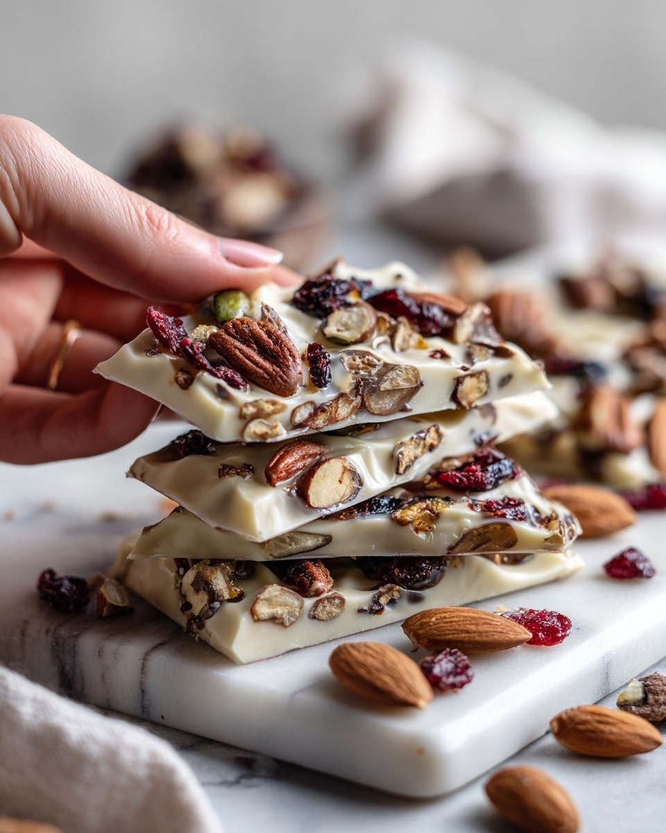 A close-up shows a woman's hand holding a piece of white chocolate bark filled with many dark brown nuts and dried fruits embedded throughout, giving it a bumpy texture. Below, several broken pieces of the white chocolate bark lie scattered on a white marbled tray, showing thick, creamy layers with bits of nuts and dried fruits evenly spread. The background is softly blurred white, keeping the focus on the chocolate bark and woman's hand. photo taken with an iphone --ar 4:5 --v 7