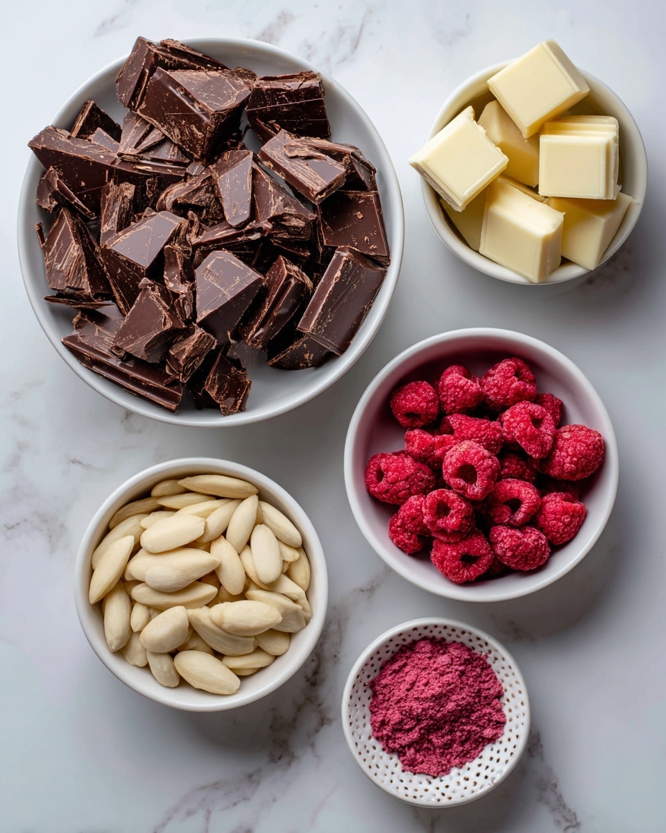 The image shows five white bowls arranged on a white marbled surface, each bowl holding a different ingredient. The largest bowl at the top left is filled with many broken pieces of dark brown chocolate with a smooth and shiny texture. To the right of it, a medium white bowl contains pale cream-colored blocks of white chocolate, smooth and rectangular. Below the dark chocolate bowl, a small white bowl holds bright red freeze-dried raspberries, textured with a rough and dry look. To the right of the raspberries, a small white bowl with holes on its rim holds fine, deep pink freeze-dried raspberry powder. Below the bowls of raspberries and white chocolate, a round medium bowl contains whole blanched almonds with a smooth, pale beige color. The bowls are neatly spaced, and the whole setup is clean and simple. photo taken with an iphone --ar 4:5 --v 7