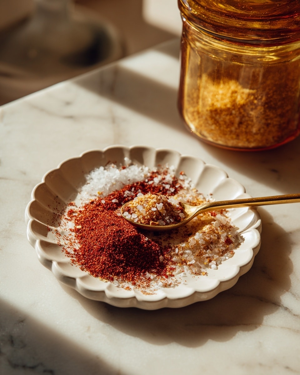 A white scalloped small plate holds a mix of coarse and fine spices layered together, with a rich dark red spice covering most of the plate, speckled with coarse white salt flakes and small bits of beige seasoning. A golden spoon rests diagonally on the plate, filled with a mix of the same red spice and salt crystals. The plate is set on a white marbled surface and is bathed in warm natural light, casting soft shadows that highlight the texture of the spices and the spoon. In the background, there is a blurred amber jar adding a golden glow to the scene photo taken with an iphone --ar 4:5 --v 7