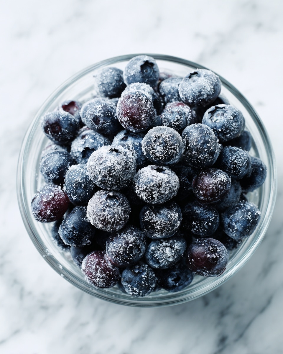 A clear glass bowl filled with dark blue blueberries that are lightly coated with white powder, giving them a frosted look. The bowl sits on a white marbled surface. Photo taken with an iphone --ar 4:5 --v 7