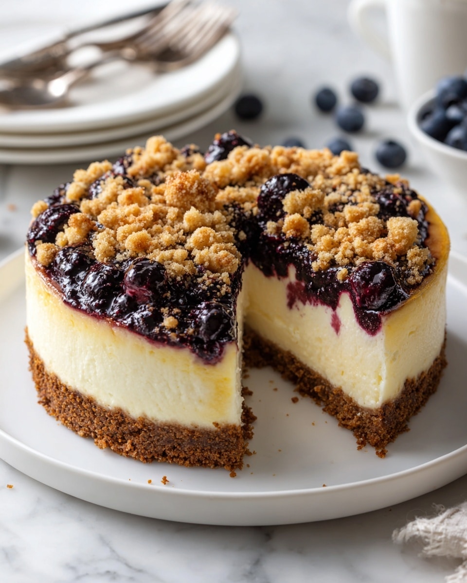A slice of cheesecake with three layers is placed on a white plate with a scalloped edge and small brown speckles. The bottom layer is a thick light brown crust with a crumbly texture, the middle layer is a smooth and creamy pale yellow cheesecake filling, and the top layer is a thin layer of dark purple blueberry topping with whole blueberries visible. A silver fork rests on the side of the plate, and a couple of blueberries are scattered on the white marbled surface around the plate. Photo taken with an iphone --ar 4:5 --v 7