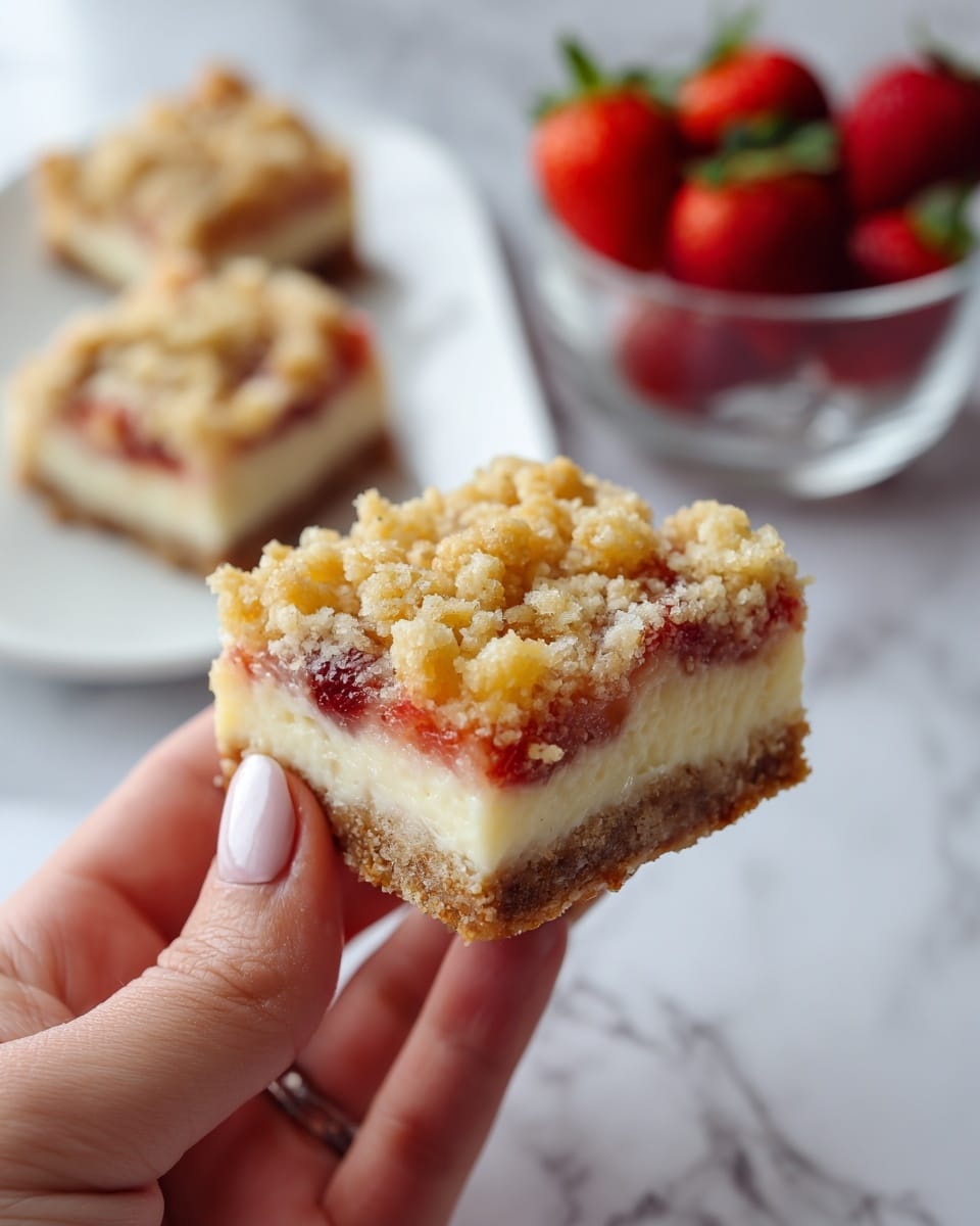 A square white ceramic baking dish lined with light brown parchment paper holds a fruit crumble topped with a thick, golden brown, crumbly layer that looks crisp and slightly uneven, showing hints of red fruit filling bubbling through around the edges. The crumble topping features various sized crumbs, some darker and crispier, creating a textured surface. The dish sits on a white marbled surface with a folding smartphone in the background displaying several animated characters on its screen. Photo taken with an iphone --ar 4:5 --v 7