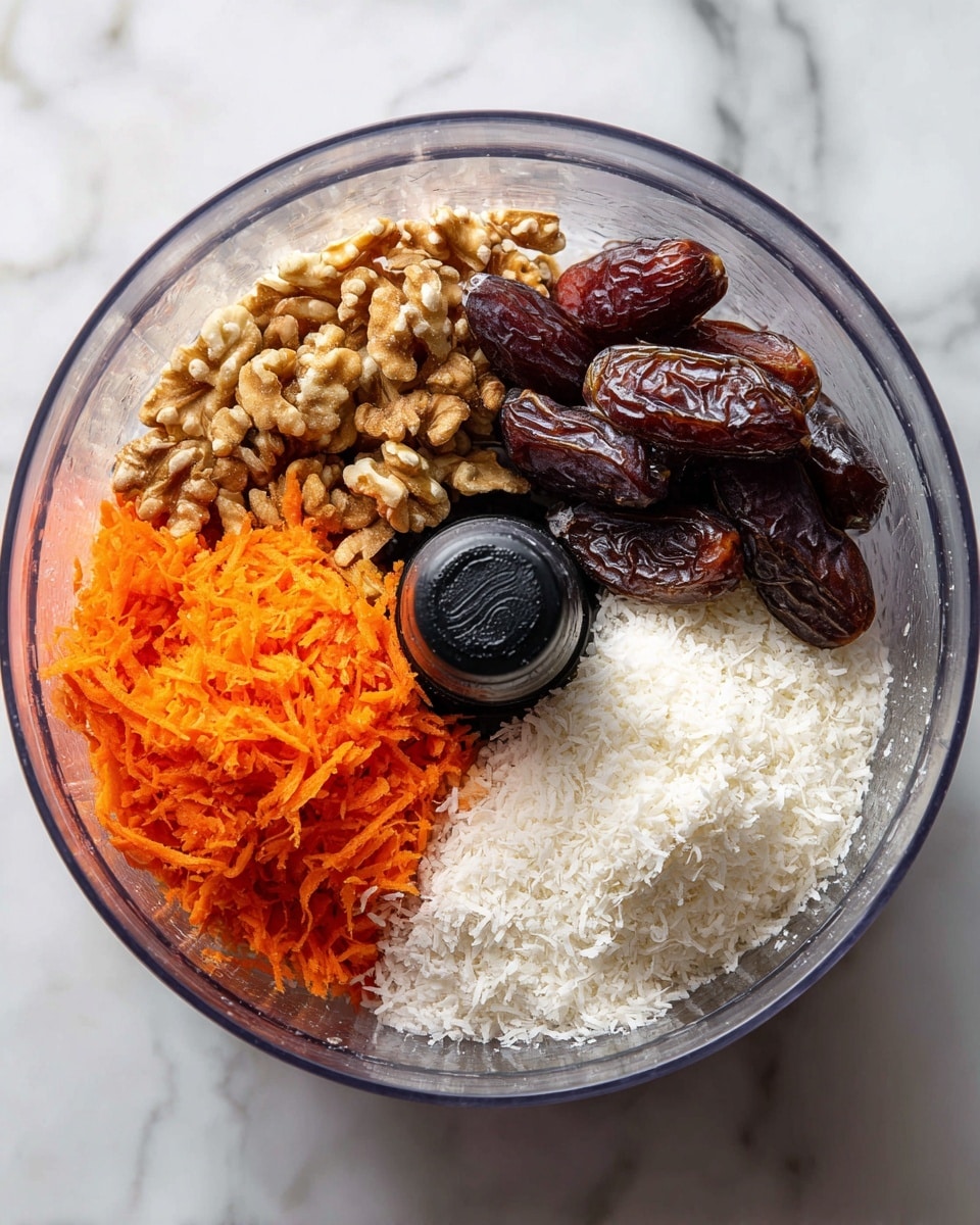 In a clear food processor bowl, there are five main ingredients. On the left, there is a small pile of bright orange shredded carrots with a soft texture. Next to it, slightly lower, are light brown whole walnuts with a rough surface. At the back, dark brown, shiny dates are placed together, looking sticky and dense. On the right side, there is a heap of white shredded coconut with fine texture spreading near the black center blade. The bowl sits on a white marbled surface. photo taken with an iphone --ar 4:5 --v 7