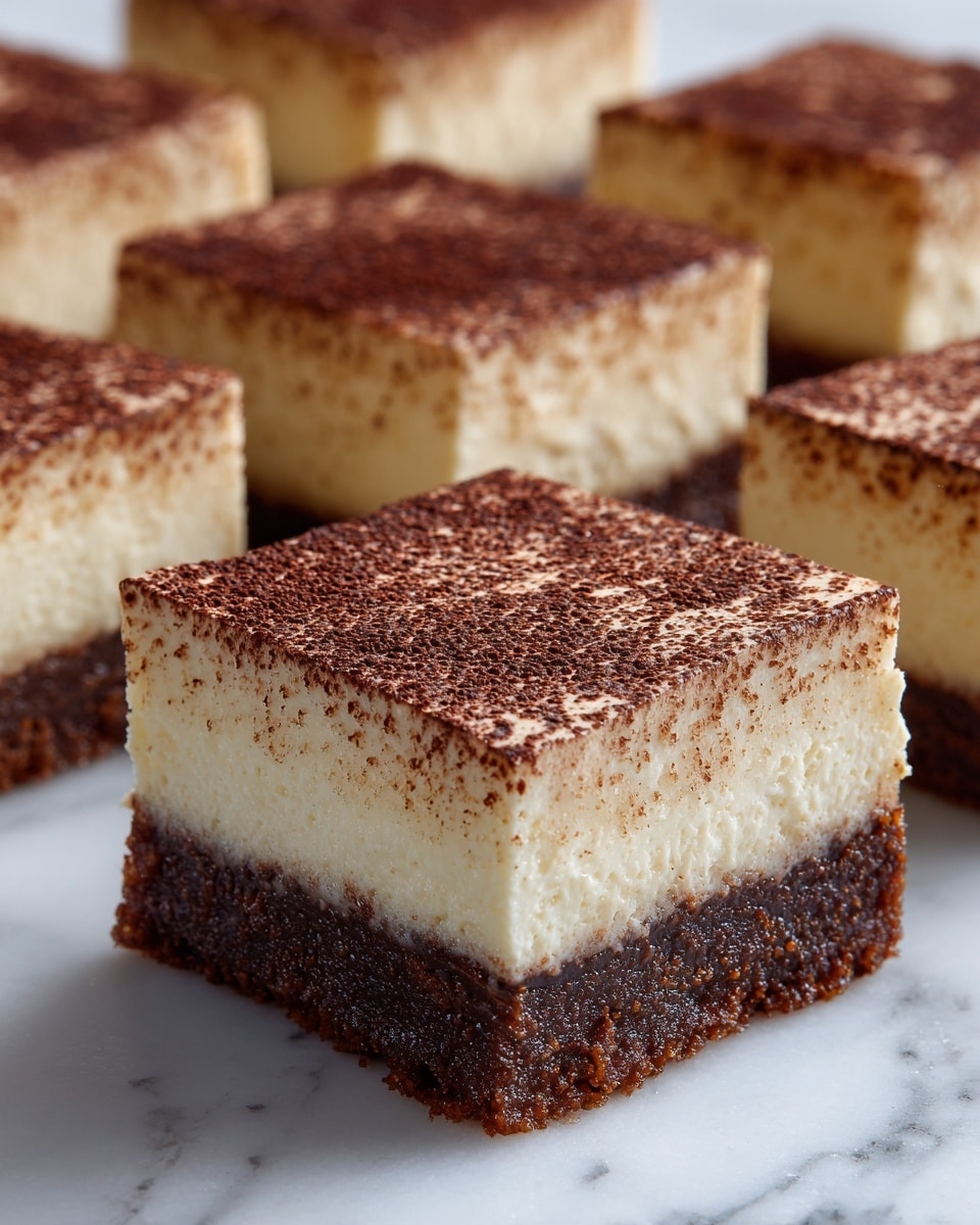 The image shows six square pieces of a layered dessert arranged in two rows on a white marbled surface. Each piece has four visible layers: a bottom dark brown layer with a dense texture, a creamy white layer above it, a thin darker brown layer next, and the top is covered with a thick dusting of fine cocoa powder in a reddish-brown color. The edges of each square are cleanly shaped, showing the contrast between the creamy and darker layers. Photo taken with an iphone --ar 4:5 --v 7