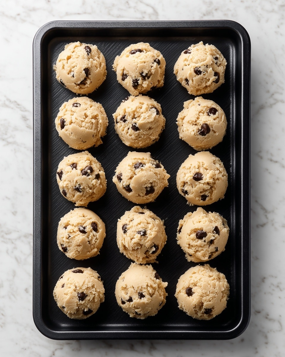 The image shows a black baking tray filled with twelve round scoops of light beige cookie dough with dark chocolate chips evenly mixed throughout. Each scoop is roughly the same size, with a textured surface that looks soft and sticky. The dough balls are arranged closely but not touching, covering the entire tray in neat rows. The black tray contrasts with the light dough, making the chocolate chips stand out more clearly. The background is a white marbled texture. photo taken with an iphone --ar 4:5 --v 7