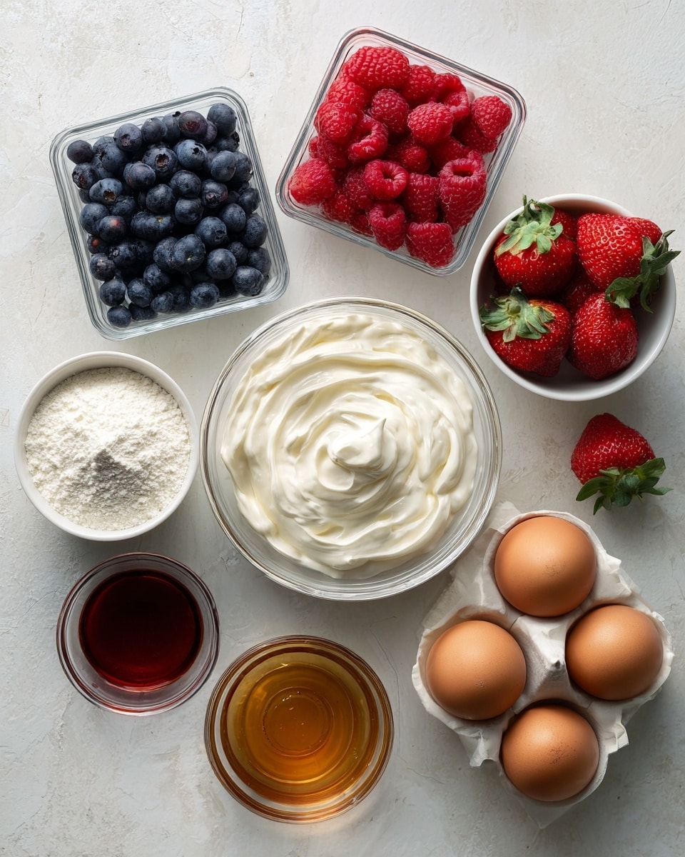 The image shows a top view of various baking ingredients arranged neatly on a white marbled surface. At the center, a round container holds thick, white Greek yogurt with a smooth texture. To the top left, a clear plastic box is filled with small, dark blue blueberries, and next to it on the left is another clear box filled with bright red raspberries that have a bumpy texture. On the top right, a small white bowl contains fresh, red strawberries with green leafy tops. Below the yogurt and to the left, there is a small white bowl filled with fine white cornstarch powder. To the right of the cornstarch is an egg carton holding six brown eggs with smooth shells. At the bottom left corner, there is a small glass bowl filled with rich, dark maple syrup, and next to it on the right is a smaller glass bowl containing amber-colored vanilla extract. photo taken with an iphone --ar 4:5 --v 7