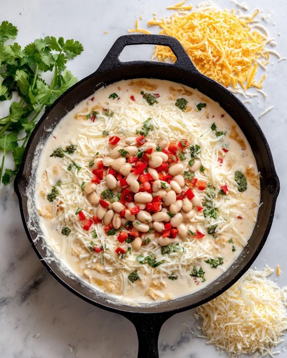 The dish is shown in a black cast iron skillet placed on a white marbled surface. The first layer inside the skillet is creamy white melted cheese spread evenly. On top, there are small dollops of light green salsa scattered across the cheese. There are also small pieces of bright red diced bell peppers and whole white beans sprinkled evenly on the surface. Around the skillet, there are small piles of white and yellow shredded cheese and fresh green cilantro leaves. Photo taken with an iphone --ar 4:5 --v 7