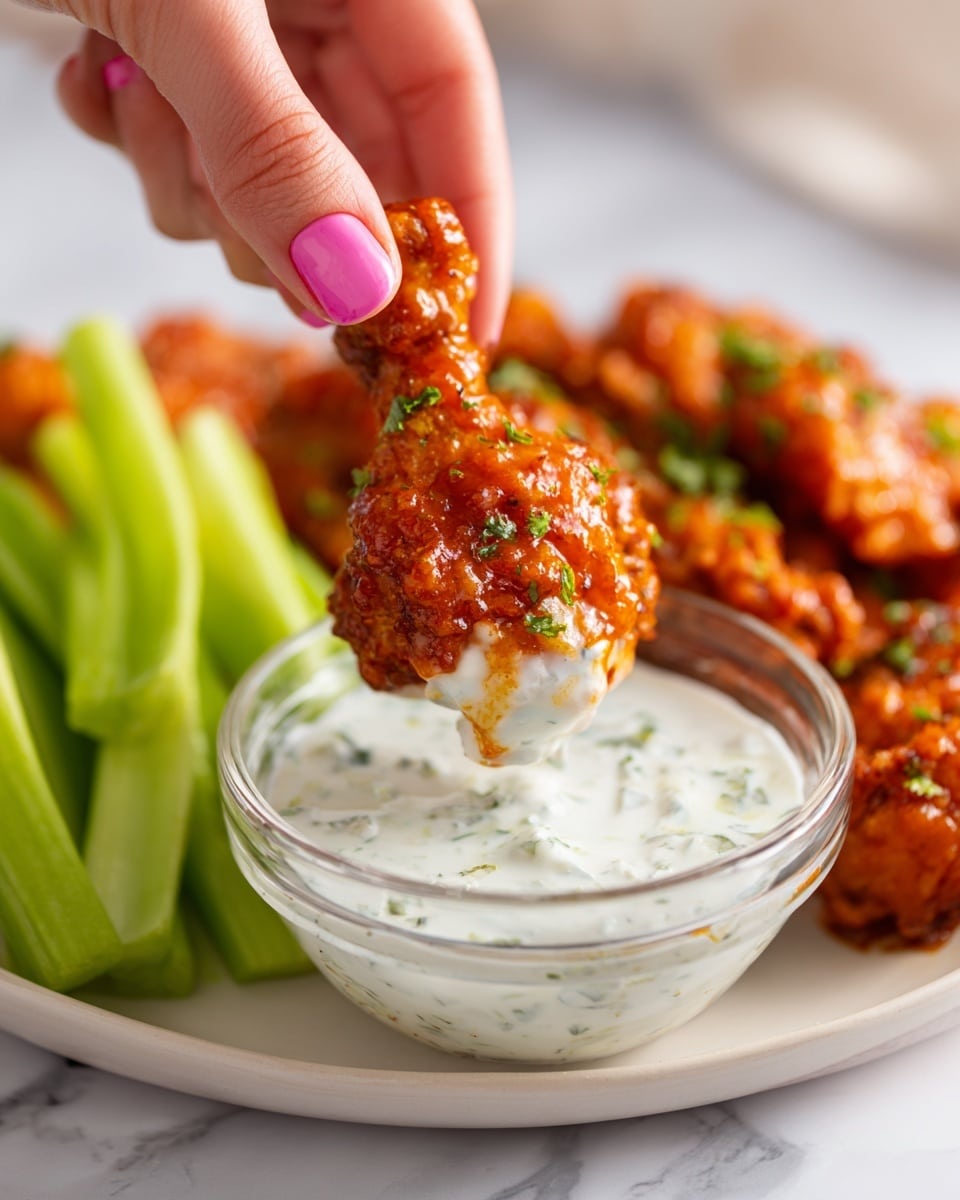 A close-up of an orange chicken drumstick covered in sauce being dipped into a clear glass bowl filled with thick white ranch dressing. The drumstick has a textured and crispy coating with visible herbs. Behind the bowl, there are several light green celery sticks placed upright on a white marbled surface. A woman's hand with pink nail polish is holding the drumstick. In the blurred background, more orange chicken pieces can be seen on a white plate on the same white marbled surface. photo taken with an iphone --ar 4:5 --v 7