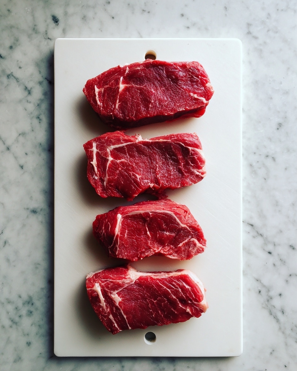 The image shows four pieces of raw red meat with white fat lines, placed evenly spaced on a white cutting board. The cutting board sits on a white marbled surface. The meat layers are thick and spotlight the natural texture and marbling of the meat. photo taken with an iphone --ar 4:5 --v 7