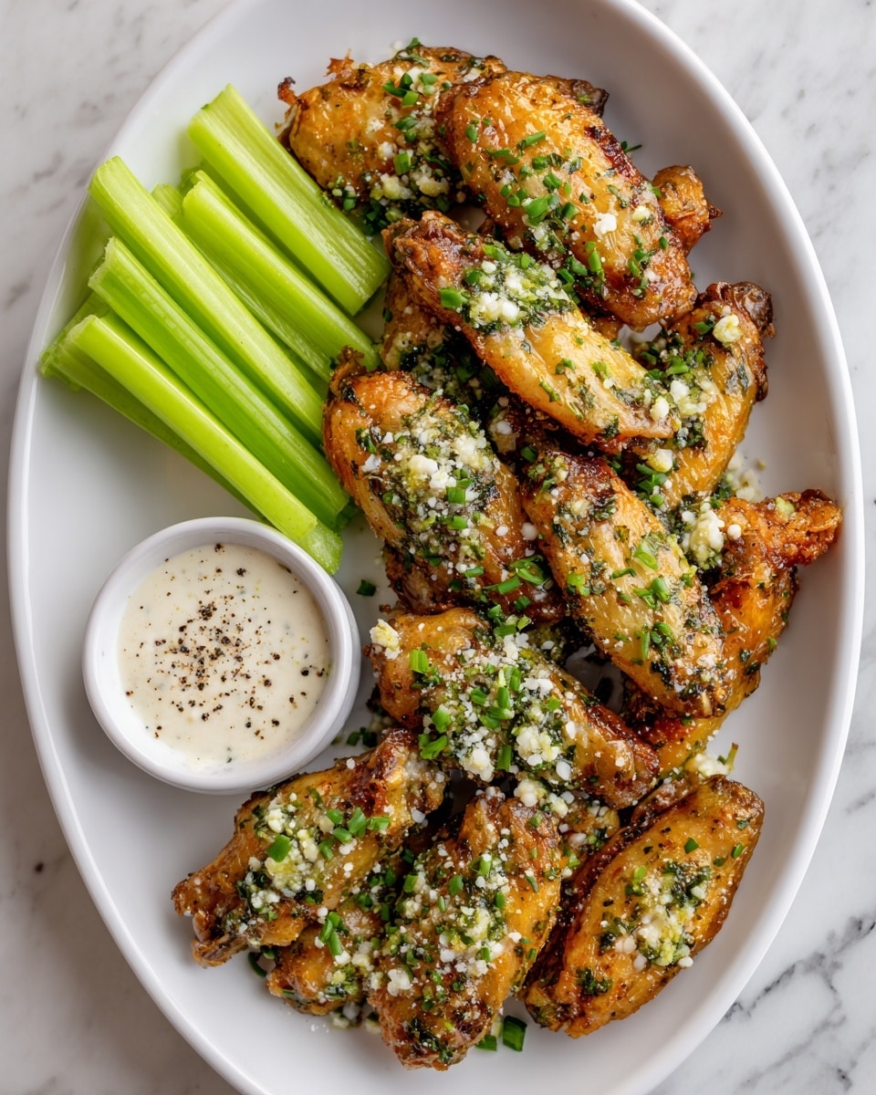 A white bowl filled with multiple pieces of golden brown grilled chicken wings with a slightly crisp texture stacked on top of each other, while a white ceramic pouring vessel held by a woman's hand drizzles a green sauce with visible bits of herbs and garlic over the top of the chicken wings; the background is a white marbled surface and a blue and white striped cloth is partially visible at the bottom left corner of the image photo taken with an iphone --ar 4:5 --v 7