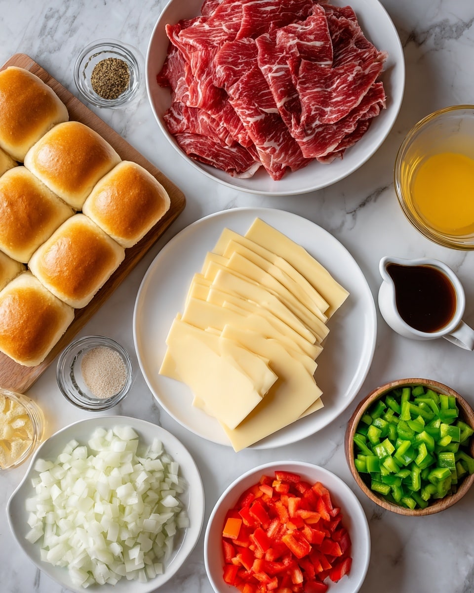 A top-down view shows a white plate on the bottom right with two layers of overlapping, round, pale yellow cheese slices arranged neatly in a fanned pattern. Above the plate is a small white cup filled with dark brown sauce. Next to the cheese on the left, a large bowl holds thin strips of raw red meat with white marbling tightly piled inside. Around these main items are smaller bowls containing bright green diced bell peppers, finely chopped white onions, and diced red bell peppers. There are also small brown dishes with minced garlic, a powdery seasoning, and salt and pepper mix. A clear glass container holds a yellow melted butter. On the far left, a set of twelve golden brown dinner rolls is placed close together in a rectangular shape. Everything is set on a white marbled surface. photo taken with an iphone --ar 4:5 --v 7