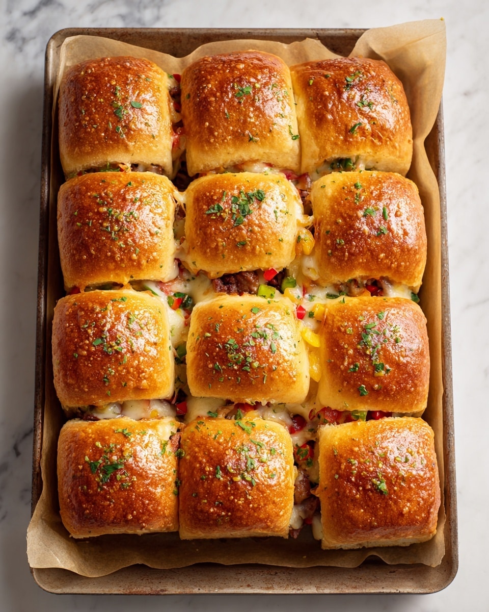 The image shows a sandwich made from 12 shiny, golden brown rolls arranged in a 3x4 grid on a baking tray lined with parchment paper. The top of the rolls is sprinkled with finely chopped green herbs. Between the rolls, you can see layers of thin brown cooked meat, melted white cheese, and bits of red and green bell peppers peeking out from the sides. The sandwich is placed on a white marbled surface. photo taken with an iphone --ar 4:5 --v 7