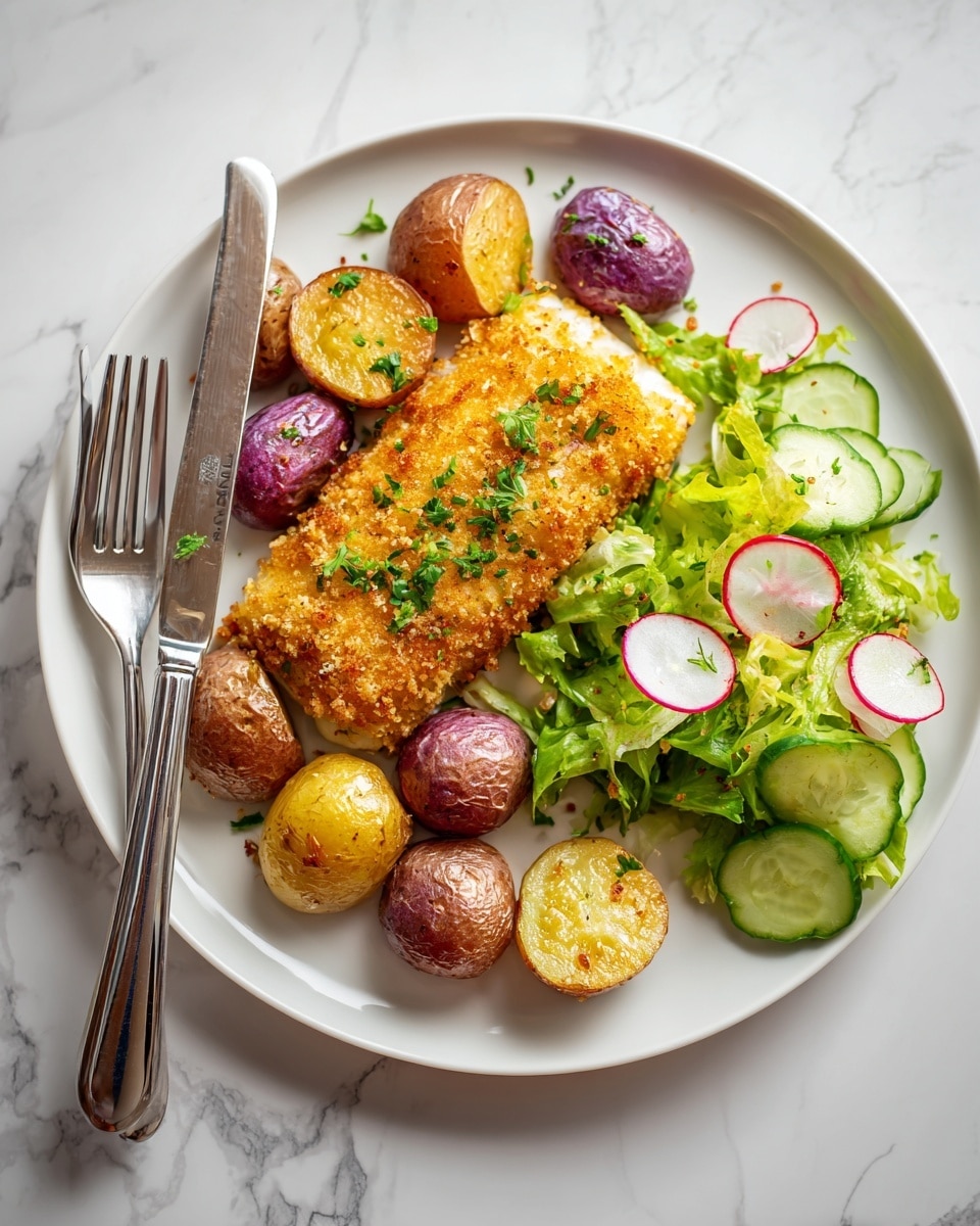 The dish is served on a white plate placed on a white marbled surface. There is a rectangular piece of golden brown crispy breaded fish with some green herbs sprinkled on top, positioned near the center of the plate. To the left of the fish, there are roasted baby potatoes in a mix of purple, yellow, and brown colors, some cut in half showing their soft inside. On the right side, there is a fresh green salad with leafy lettuce, thin slices of radish, and cucumber pieces. A silver fork and knife rest on the left edge of the plate, with the fork tines visible among the potatoes. Photo taken with an iphone --ar 4:5 --v 7