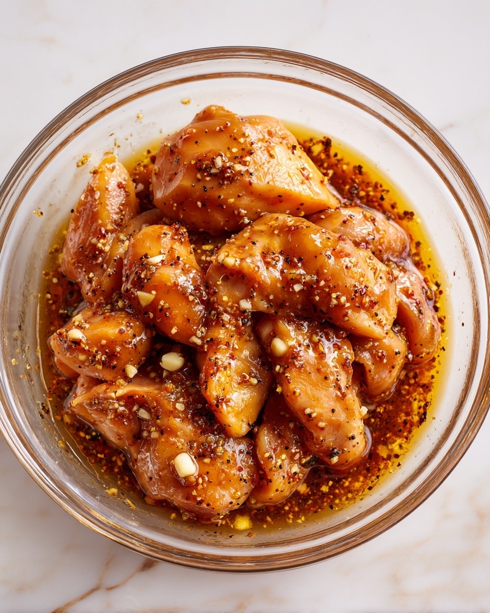 A clear glass bowl filled with raw chicken pieces covered in a thick, shiny brown marinade mixed with finely chopped garlic and black pepper specks, sitting on a white marbled surface. The chicken pieces are fully coated with the sauce, creating a glossy look with a sticky texture. The marinade pools slightly around the chicken, with some small bits of garlic floating in the liquid. photo taken with an iphone --ar 4:5 --v 7