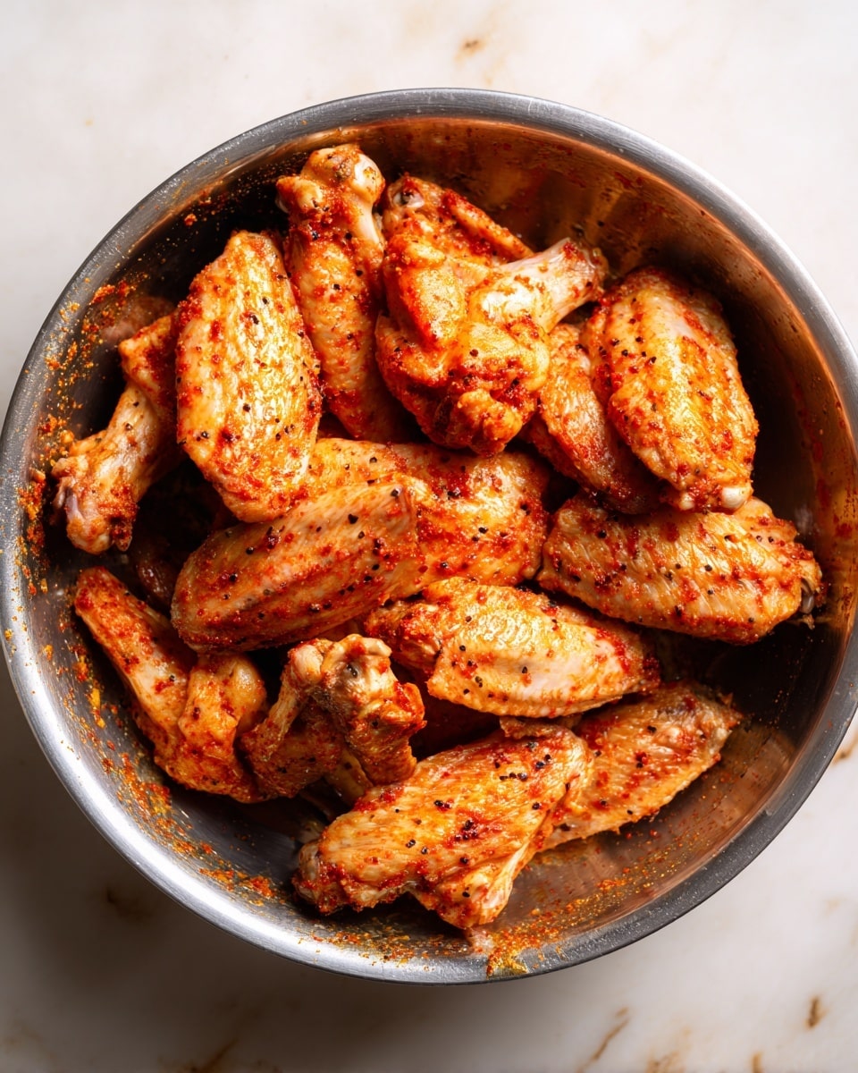 The image shows many pieces of raw chicken wings seasoned with a reddish-orange spice mix, with visible black pepper specks. The wings are layered in a round metal bowl, with some pieces stacked on top of each other. The surface inside the bowl has some leftover seasoning and oil, showing a slightly shiny texture on the chicken skin. The background is a white marbled texture. photo taken with an iphone --ar 4:5 --v 7