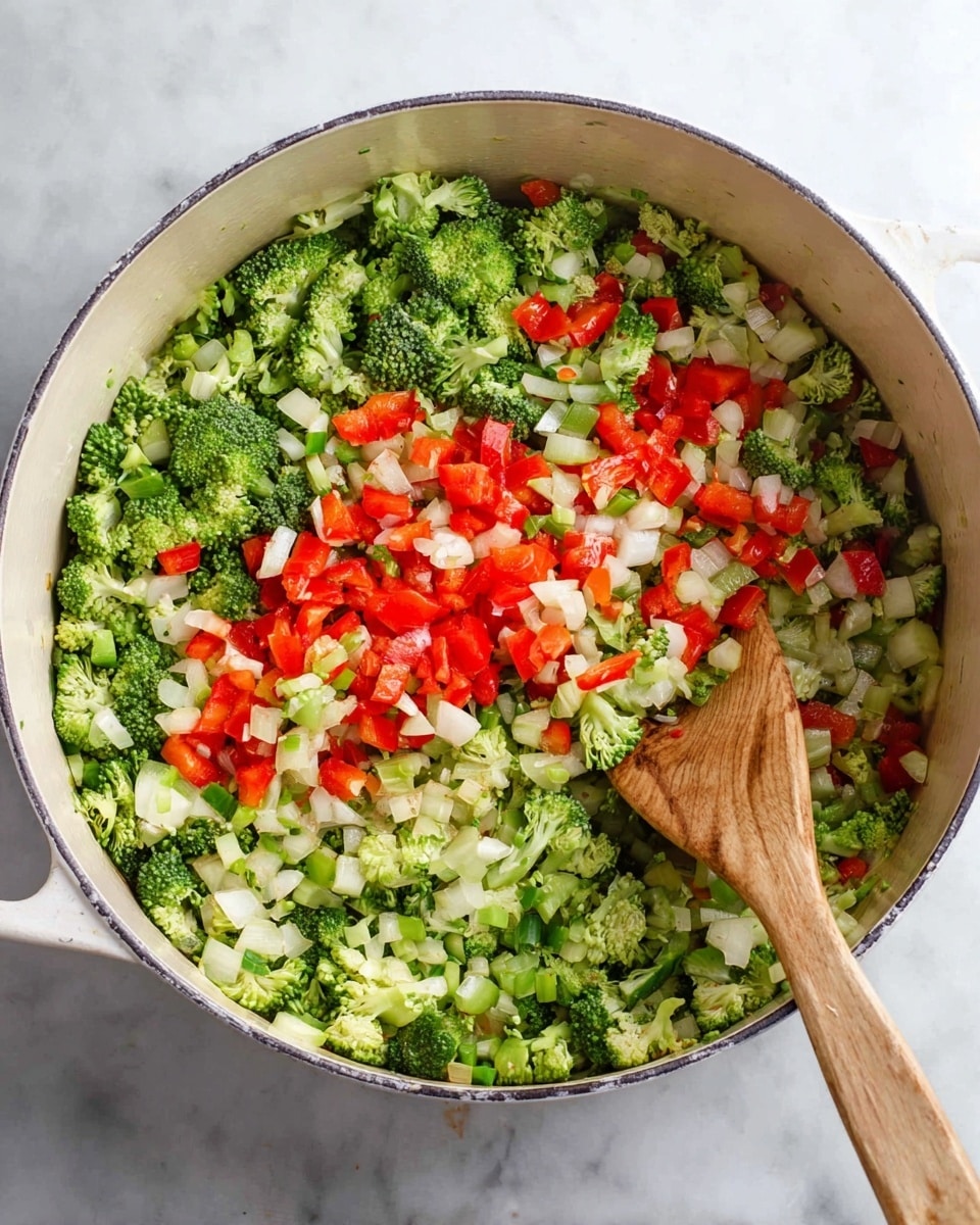 The image shows a white cooking pot filled with a mix of fresh chopped vegetables. The bottom layer consists of small green broccoli florets, finely chopped white onion pieces, and bright red bell pepper cubes. The vegetables are mixed well, showcasing a colorful and fresh texture. A wooden spoon with a natural light brown color is resting diagonally inside the pot, partially covered by the vegetables. The pot is placed on a white marbled surface, adding a clean and bright feel to the scene. photo taken with an iphone --ar 4:5 --v 7