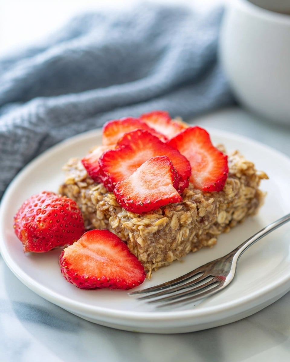 A white plate holds one thick square layer of baked oatmeal with a rough texture made of oats and small bits inside. On top and around the baked oatmeal, there are several fresh sliced strawberries with bright red color and juicy inside. The plate sits on a white marbled surface. A silver fork rests on the left side of the plate. In the background, a soft blue cloth is slightly visible. Photo taken with an iphone --ar 4:5 --v 7