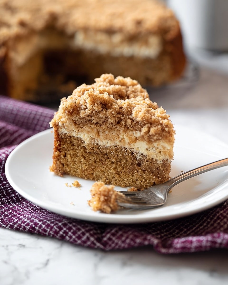 A round cake with a thick layer of crumb topping covering the entire surface, showing small and medium-sized crumbs in shades of light brown and golden tan. The cake base beneath is visible at the edges and appears darker brown with a smooth texture. The cake rests on crumpled white paper on a wooden surface with light brown and warm tones. Behind the cake, there is a stack of white plates and silver utensils placed on a textured beige mat with a folded dark red cloth near it. The background shows a white marbled surface. Photo taken with an iphone --ar 4:5 --v 7