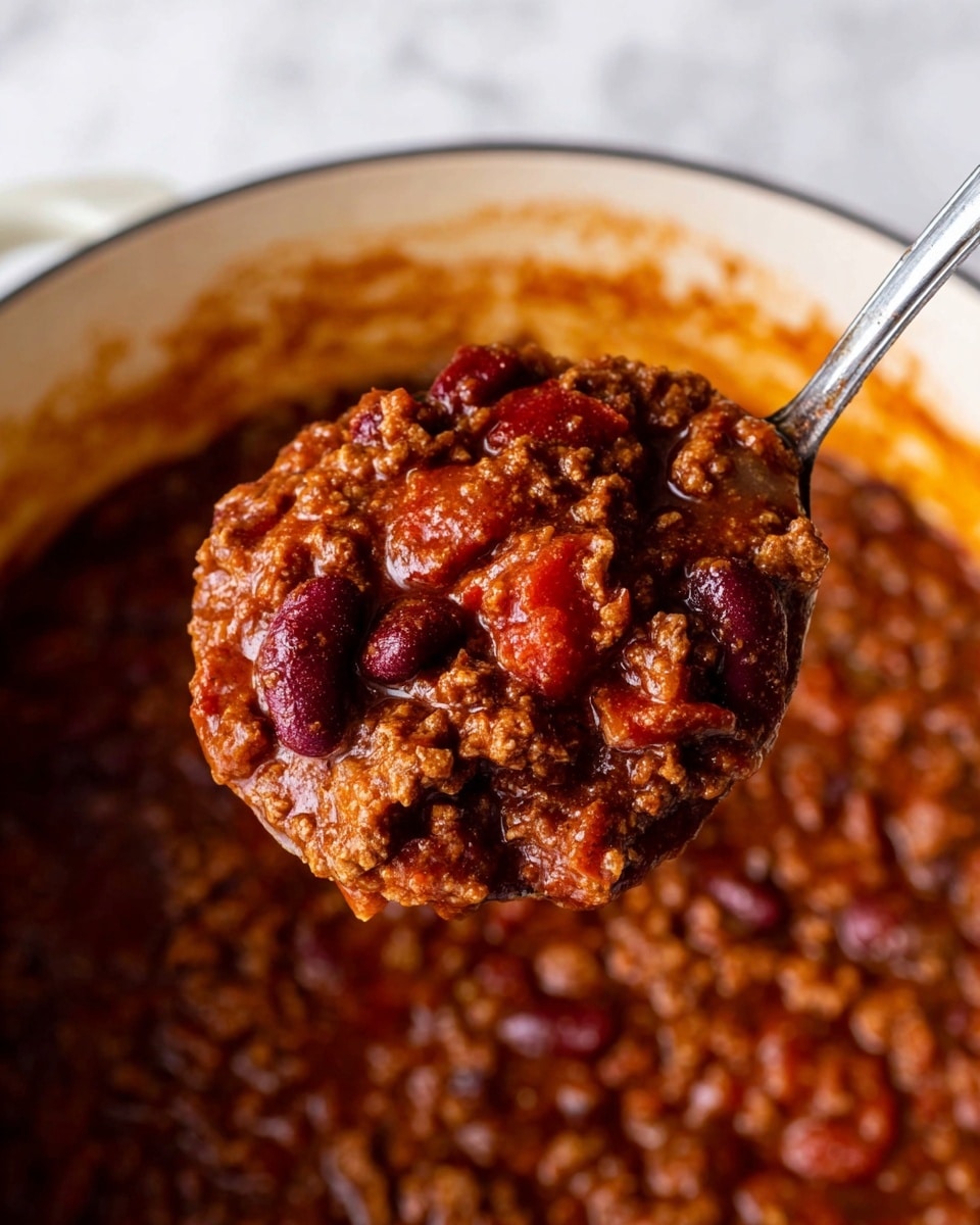 A close-up of a spoon full of thick chili, showing a rich mix of dark red kidney beans, brown minced meat, and soft tomato chunks in a glossy deep red sauce. The chili looks hearty and dense with visible bits of onion and peppers, all blending into a textured, chunky mixture. The background shows more chili inside a white pot with some sauce stuck near the rim. The scene is set on a white marbled surface. photo taken with an iphone --ar 4:5 --v 7