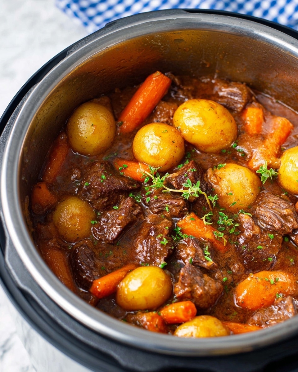 A close-up view of a steel pot filled with a hearty stew showing about three layers of ingredients. The bottom layer consists of a brown rich sauce with a glossy texture. On top, there are chunks of dark brown tender meat mixed with whole small round golden potatoes and thick orange carrot pieces scattered evenly. Some fresh green herbs are sprinkled on the top for decoration. The pot is set against a white marbled surface with a blue checkered cloth in the background. photo taken with an iphone --ar 4:5 --v 7