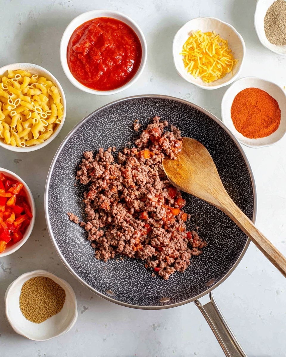 A silver frying pan with a hexagon pattern on its black cooking surface holds unevenly cooked ground meat showing both brown and red parts, with a wooden spoon resting inside the pan. The pan is placed on a white marbled surface. Surrounding the pan are six white bowls containing different ingredients: two with red sauces of different shades, one with yellow shredded cheese, one with dry small shell pasta, one with diced red bell peppers, and one with a light brown powdered spice. Photo taken with an iphone --ar 4:5 --v 7
