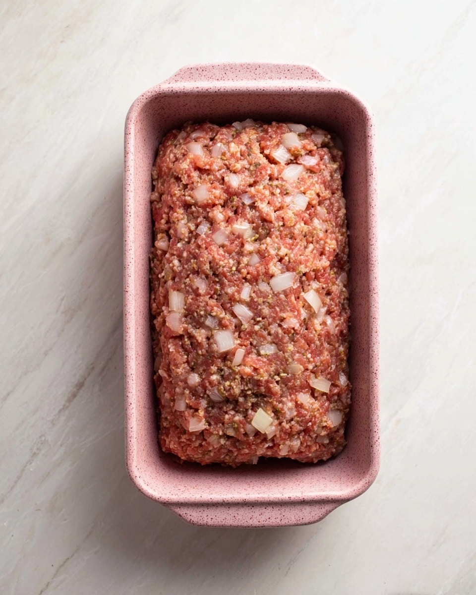 A close-up top view of a rectangular pink speckled loaf pan filled with raw meat mixture containing small white onion chunks evenly mixed throughout; the meat is a mix of light and dark reddish-brown colors and has a slightly coarse texture. The pan sits on a white marbled surface, and the meat mixture fills the pan fully, with some unevenness on the top surface. photo taken with an iphone --ar 4:5 --v 7