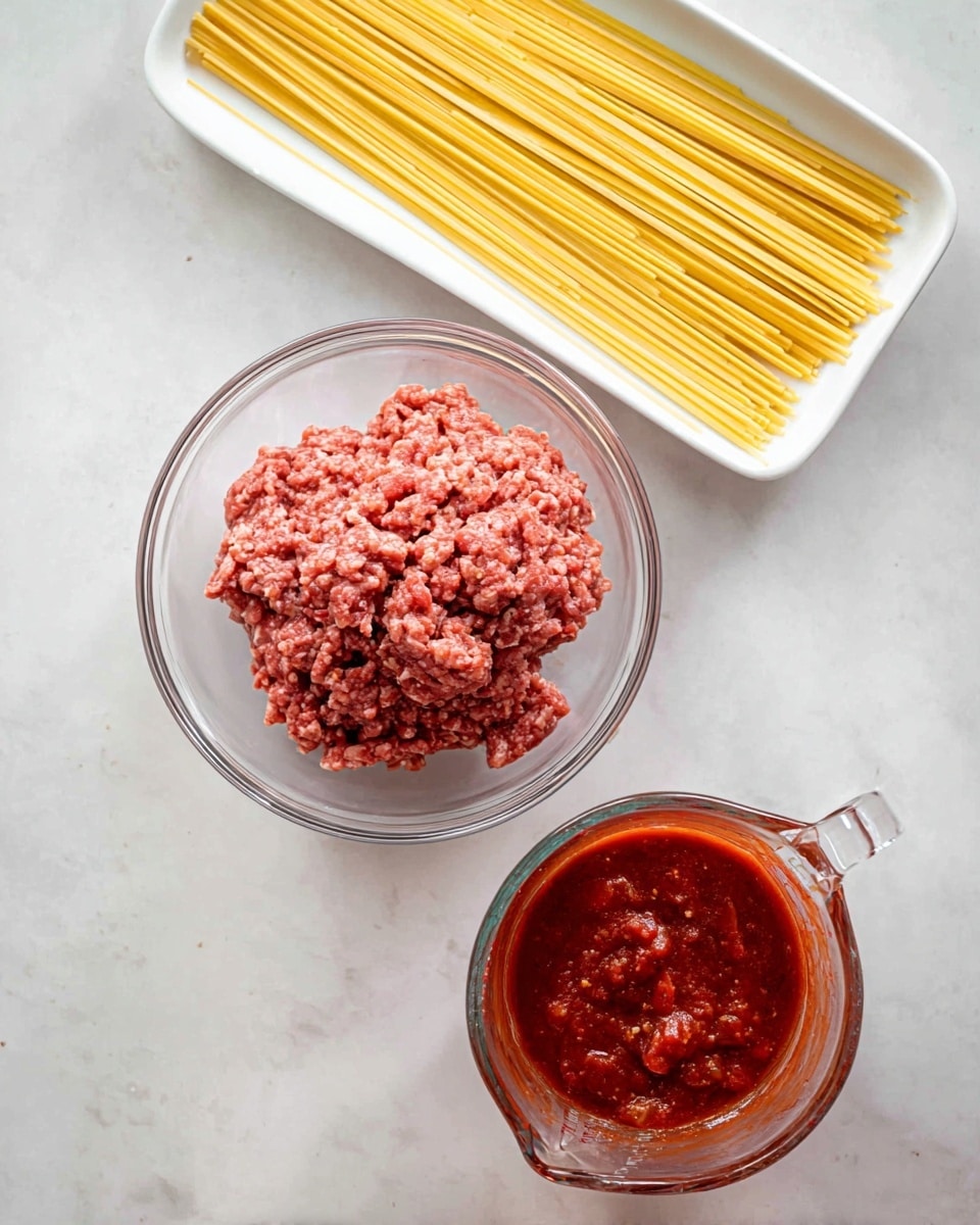 The image shows three clear layers on a white marbled surface: at the top is a white rectangular tray filled with long, thin, yellow spaghetti noodles laid flat and stretching horizontally across the tray; in the middle is a round clear glass bowl holding a mound of mixed raw ground meat, reddish with some specks of lighter seasoning visible, with a soft but chunky texture; at the bottom is a clear glass measuring cup filled with thick, dark red tomato sauce containing small pieces of tomatoes, showing a smooth yet textured consistency. photo taken with an iphone --ar 4:5 --v 7