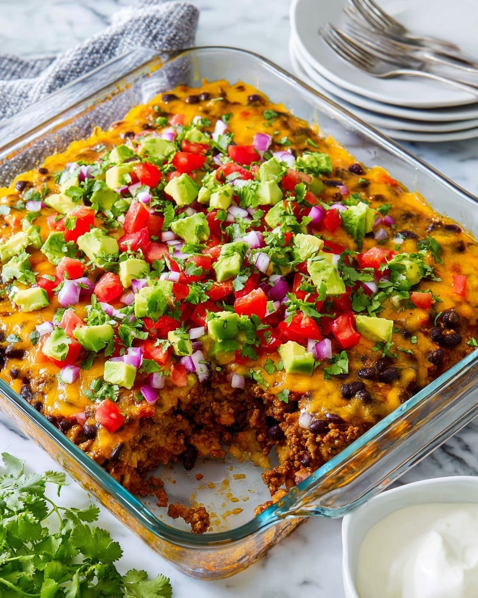 A white plate holds a slice of layered Mexican-style casserole with a base layer of finely ground cooked meat mixed with black beans and yellow corn, topped with melted orange cheese that covers the meat layer. On top of the cheese sits a fresh salsa layer made of diced red tomatoes, purple and white chopped onions, and bright green avocado cubes, garnished with fresh cilantro leaves and a dollop of white sour cream. The background shows a dish of the casserole slightly out of focus on a white marbled surface. Photo taken with an iphone --ar 4:5 --v 7