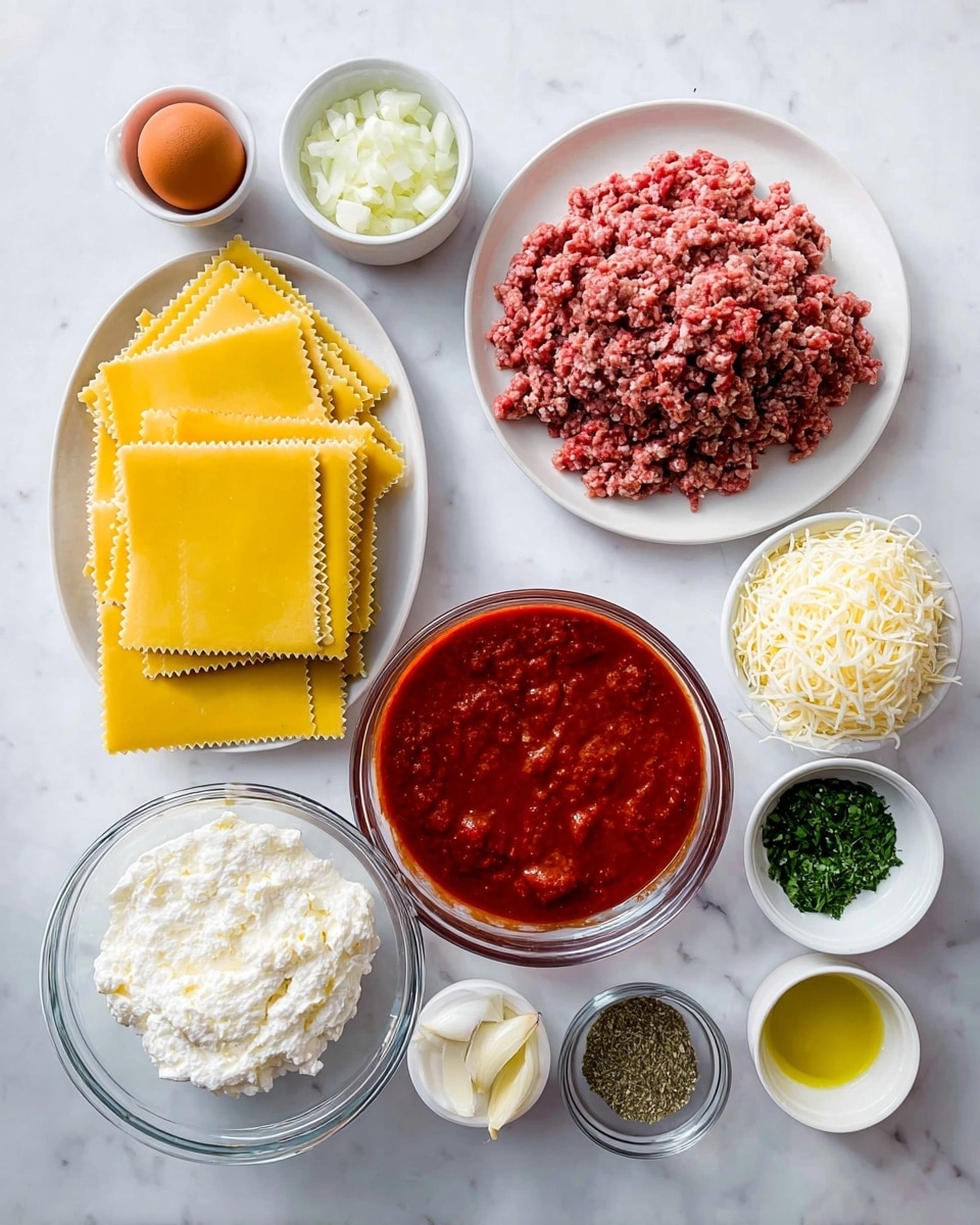 The image shows ingredients for making lasagna, all placed neatly on a white marbled surface. There is a large clear bowl filled with raw ground meat, next to it a large clear bowl with rich red tomato sauce, and a white plate with several uncooked yellow lasagna sheets stacked on top. There is also a white bowl filled with shredded white cheese, and a clear bowl with creamy white ricotta cheese. Around these larger containers are small white bowls with chopped onions, a raw egg, minced green herbs, grated Parmesan cheese, olive oil, crushed garlic cloves, dried green herbs, salt, and black pepper. The colors and textures range from the bright yellow of the pasta sheets, red of the tomato sauce, white cheeses, and raw meat in pinkish red, all cleanly arranged and ready to start cooking. Photo taken with an iphone --ar 4:5 --v 7