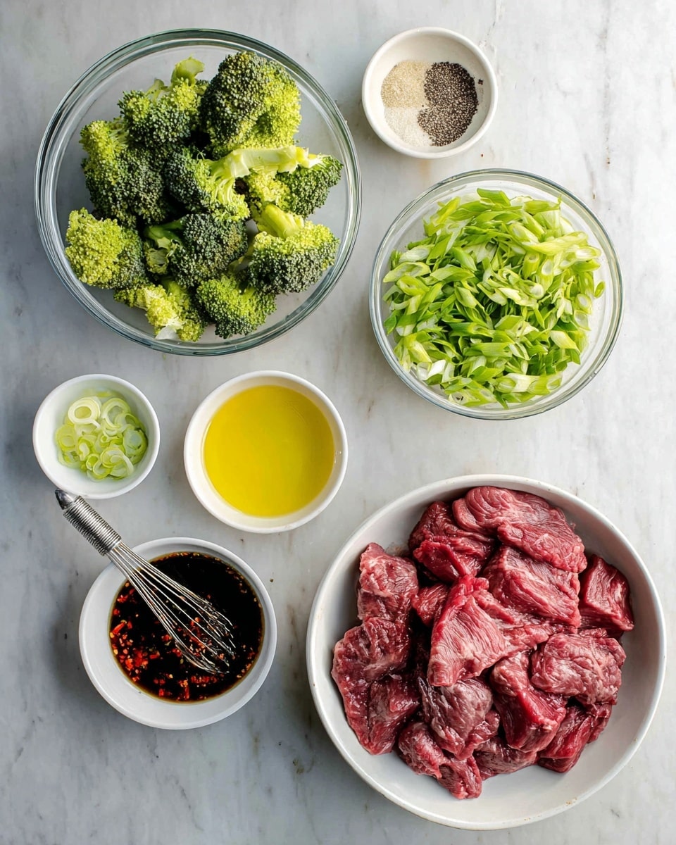 A top view of raw beef strips placed in a white bowl on the bottom right, fresh green broccoli florets in a clear glass bowl on the top left, chopped light green spring onions in a small white bowl on the bottom left, a small white bowl of yellow oil and another small white bowl with black pepper on the top right, and a white bowl with dark sauce mixed with white powder and red flakes, with a metal whisk resting inside it in the center, all arranged on a white marbled surface photo taken with an iphone --ar 4:5 --v 7