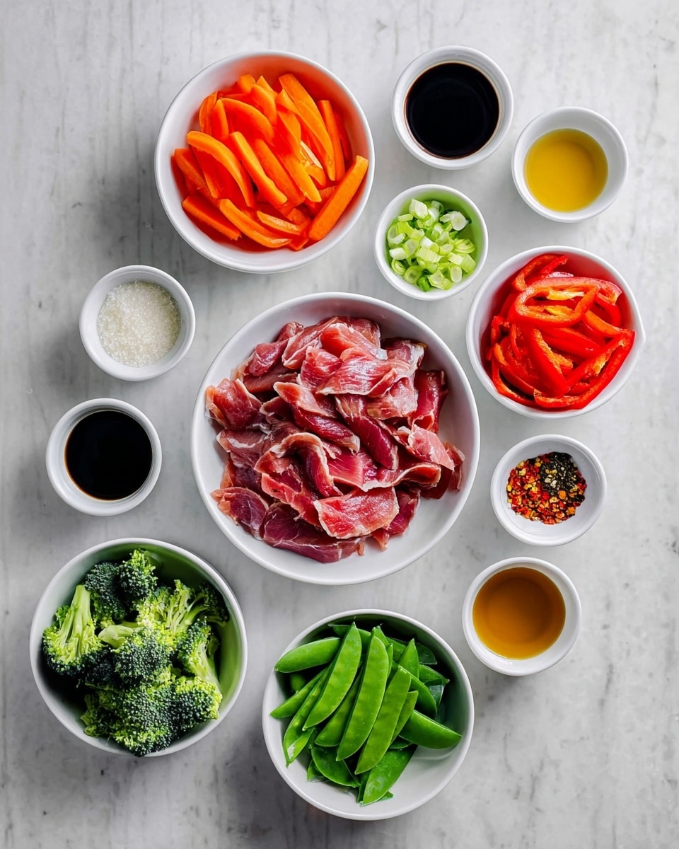 The image shows an arrangement of various fresh ingredients on a white marbled surface. At the center is a white bowl filled with thin slices of raw red meat with some pinkish tones. Surrounding this are smaller white bowls containing different items: bright orange carrot slices, green snap peas, vibrant red bell pepper strips, and dark green broccoli florets. There are also small white cups holding liquids like dark soy sauce, light brown sauce, and a yellowish oil, alongside spices with mixed colors including black pepper and red chili flakes. Additionally, there is a small bowl with chopped light green onions and another with light-colored powdered starch. All ingredients are neatly placed in separate bowls for clear visual contrast. Photo taken with an iphone --ar 4:5 --v 7