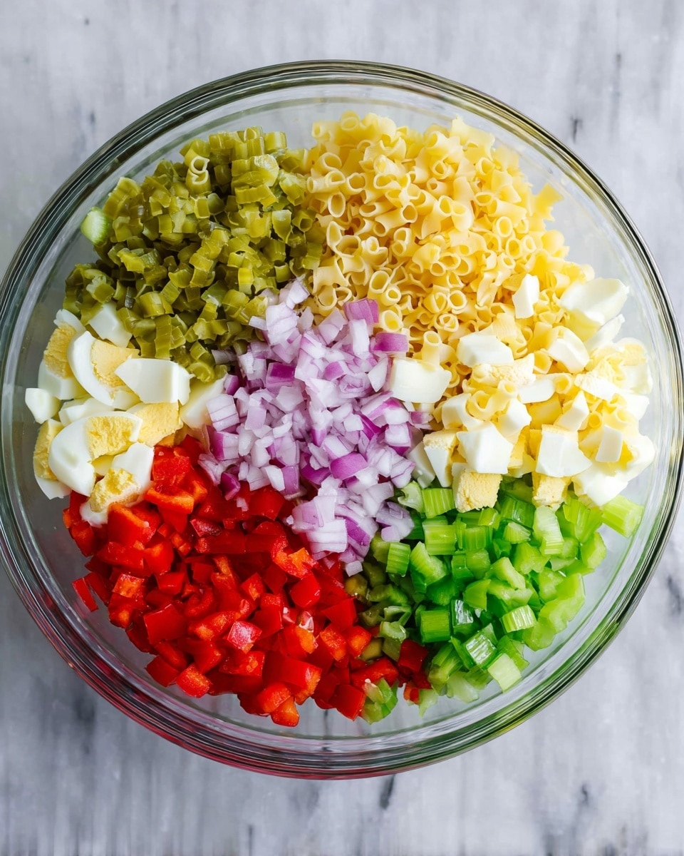 A clear glass bowl is filled with six sections of chopped ingredients neatly arranged on a white marbled surface. Starting from the top left, bright green chopped pickles form the first layer, next to finely chopped red onions with a light purple color. Below the pickles, there is a pile of small yellow pasta rings. In the center, chopped boiled eggs show a soft white with yellow yolks. At the bottom right, chopped red bell peppers add a vibrant red color, and to the right of the eggs, chopped green celery completes the colorful layers. All ingredients are fresh and evenly cut, creating a visually pleasing, segmented mix photo taken with an iphone --ar 4:5 --v 7
