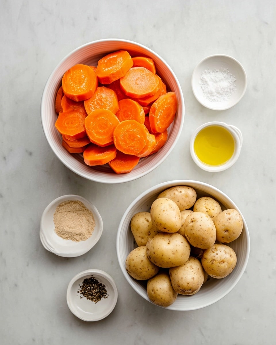 A white bowl filled with light brown small potatoes sits at the bottom right, showing smooth skin and round shapes. Above it, a white bowl holds bright orange carrot slices, thick and slightly uneven, stacked to fill the bowl. Around the bowls, four small white dishes of spices and liquids are scattered: coarse white salt at the top right, clear yellow oil below the salt, fine beige powder to the left of the potatoes, and black pepper in a dish below the beige powder. All items rest on a white marbled surface. photo taken with an iphone --ar 4:5 --v 7