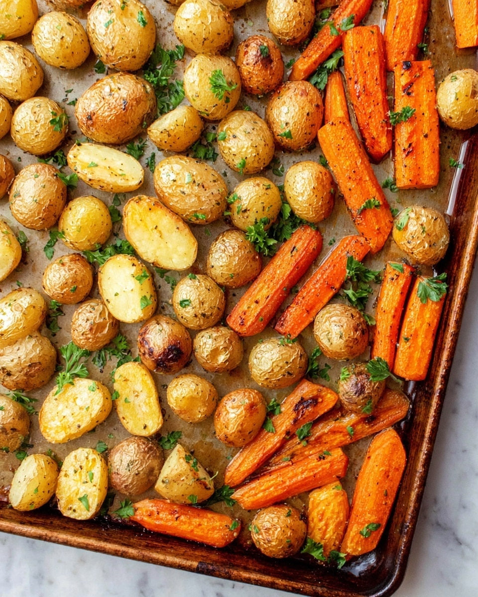 A white plate is filled with two layers of roasted vegetables. The bottom layer holds halved baby potatoes with a golden-brown, slightly wrinkled skin, showing a soft yellow inside. The top layer features thick, round carrot slices in bright orange, both layers sprinkled with small green parsley bits and black pepper. The plate rests on a white marbled surface, and a beige cloth is partially visible in the upper left corner. Photo taken with an iphone --ar 4:5 --v 7